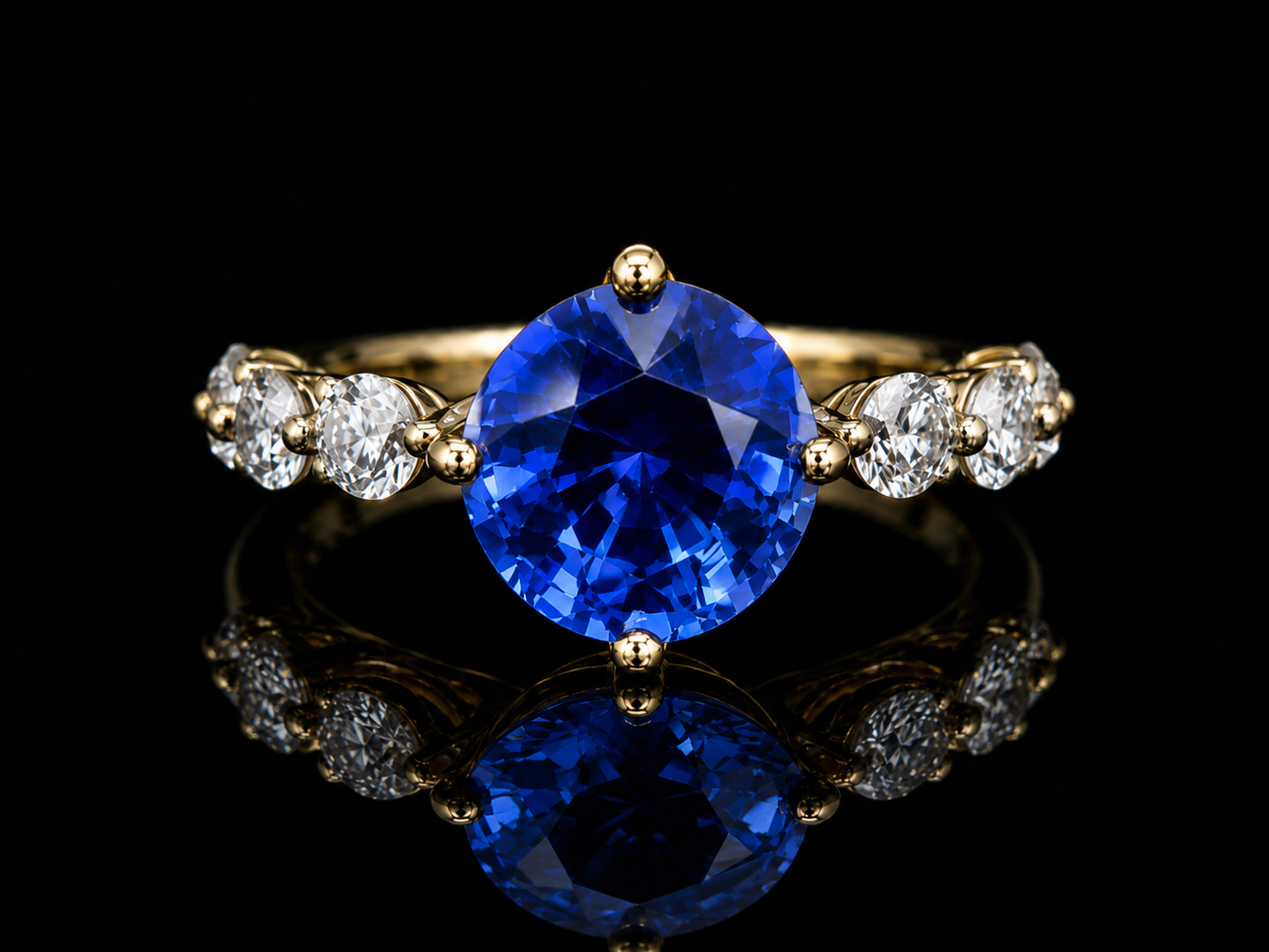 18K Yellow Gold 3.60 ct. Lab-Grown Blue Sapphire Round Cut & 1.10 ct. Diamond Ring