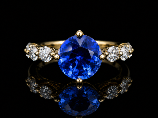 18K Yellow Gold 3.60 ct. Lab-Grown Blue Sapphire Round Cut & 1.10 ct. Diamond Ring