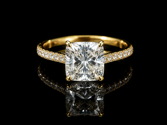 18K Yellow Gold Cushion Cut Lab Diamond Engagement Ring – 2.32 ct Total – IGI Certified