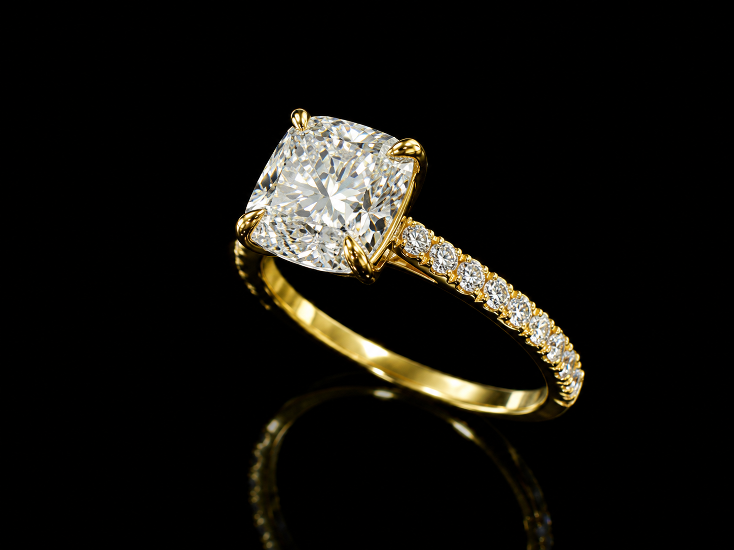 18K Yellow Gold Cushion Cut Lab Diamond Engagement Ring – 2.32 ct Total – IGI Certified Angelica Jewellers