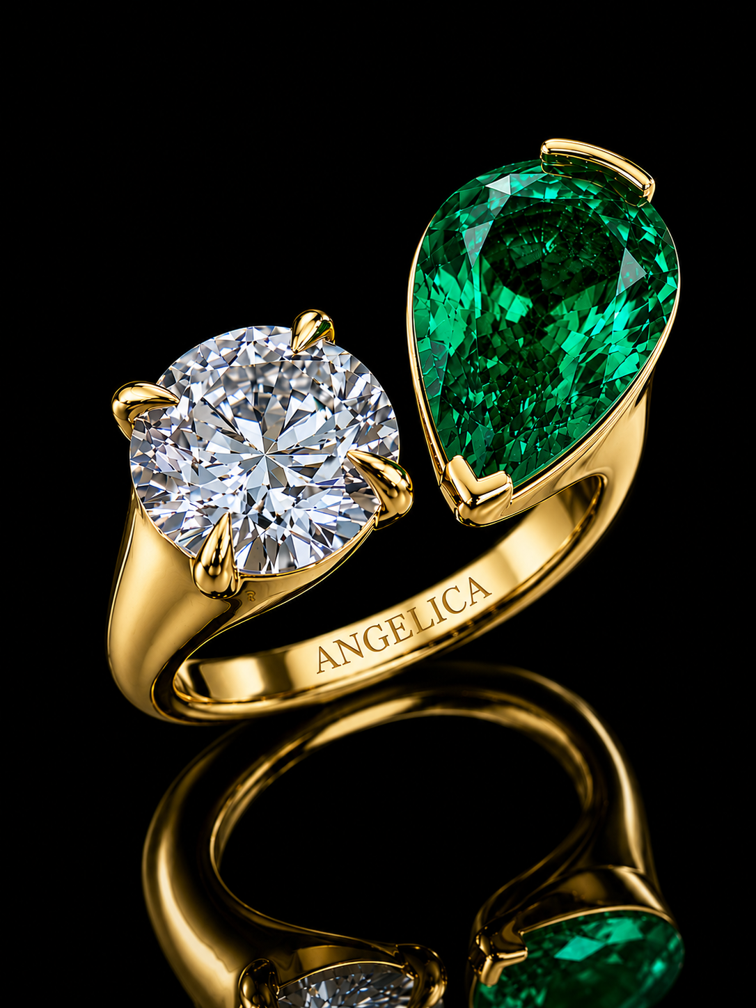 18K Yellow Gold Lab Diamond & Colombian Emerald Toi et Moi Ring – 5.93 ct Total – IGI Certified Angelica Jewellers
