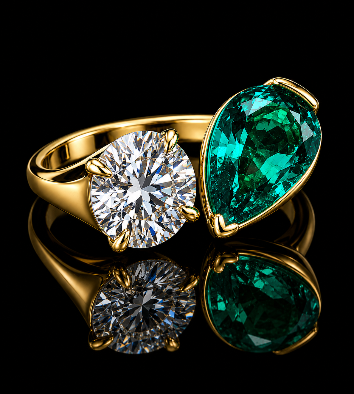 18K Yellow Gold Lab Diamond & Colombian Emerald Toi et Moi Ring – 5.93 ct Total – IGI Certified Angelica Jewellers