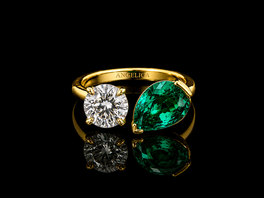 18K Yellow Gold Lab Diamond & Colombian Emerald Toi et Moi Ring – 5.93 ct Total – IGI Certified