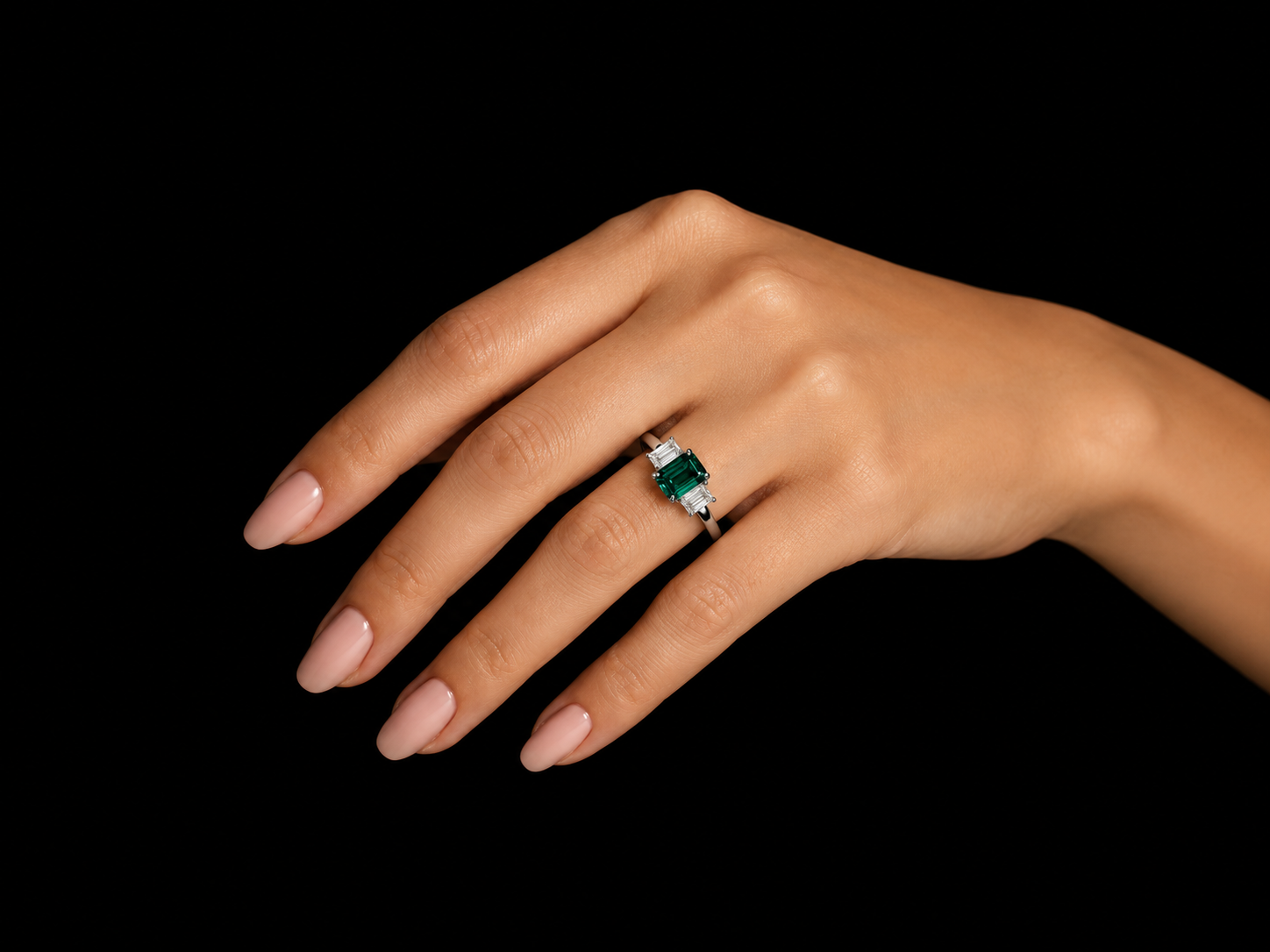 Platinum Lab-Grown Three-Stone Ring with Green Emerald Stone &amp; Two Lab-Grown Emerald Cut Diamonds – 2.46 CT Total Angelica Jewellers