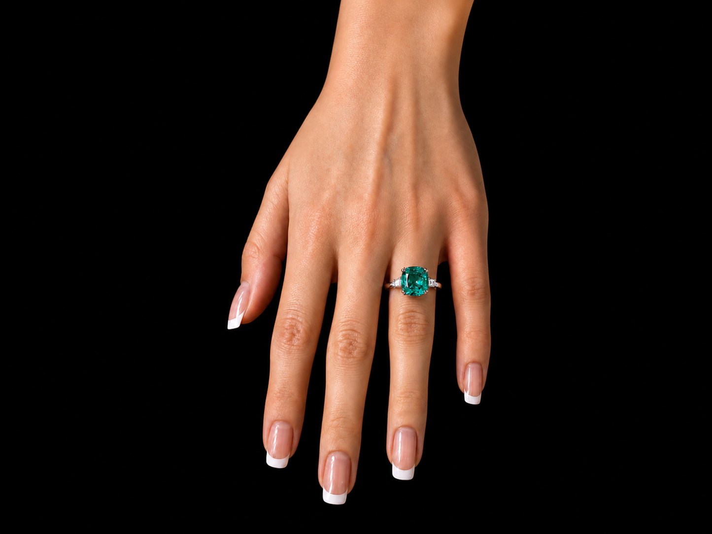 14K White Gold Lab Green Emerald Cushion Cut Diamond Ring – 2.61 CT Total Angelica Jewellers