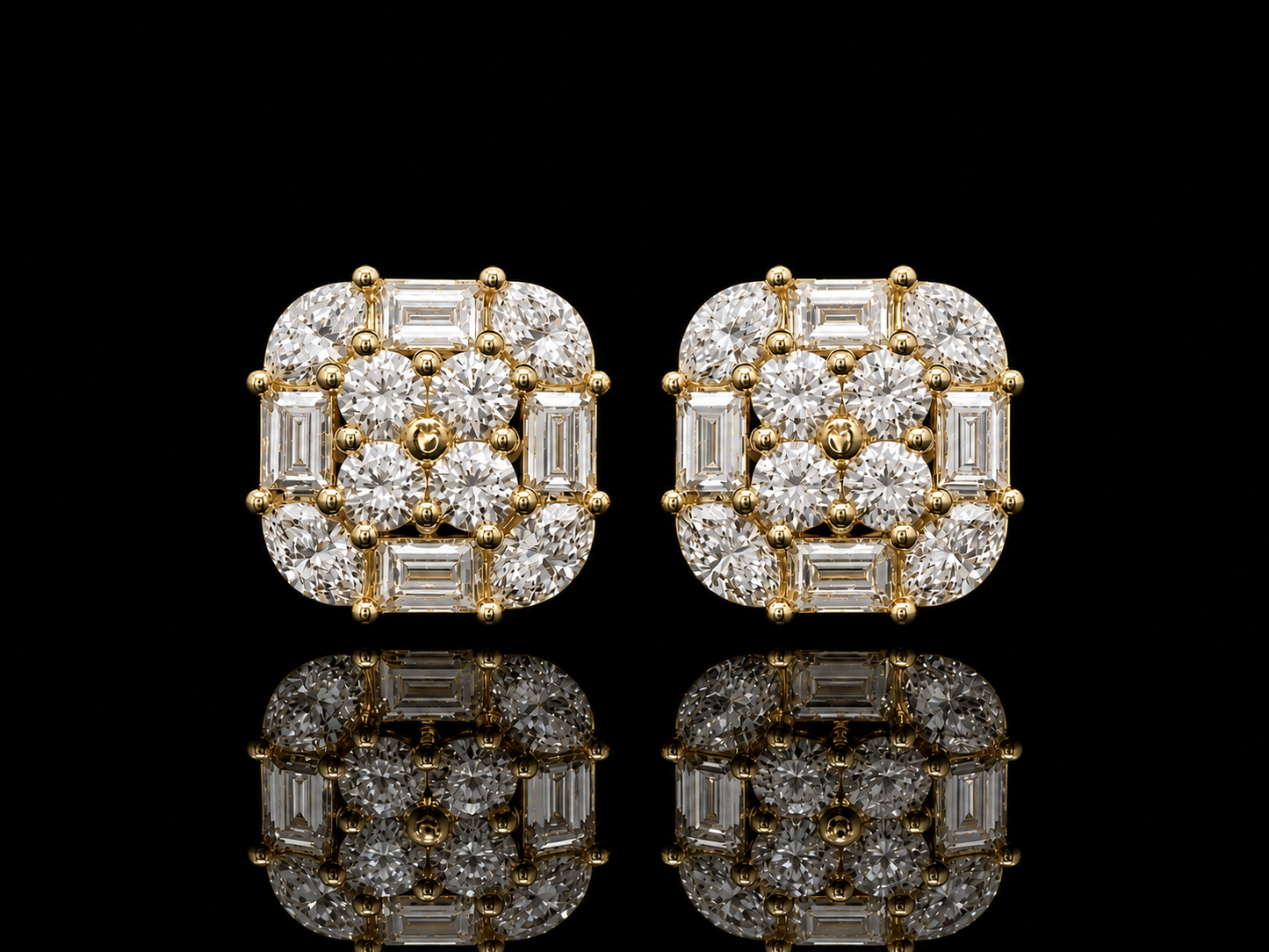 PENDIENTES DE ORO AMARILLO DE 14 K CON DIAMANTES REDONDOS, BAGUETTES Y MARQUESA
