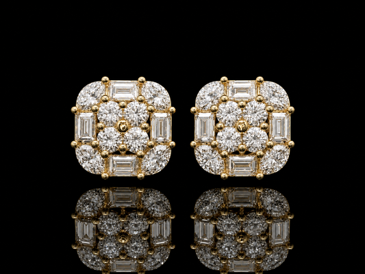 14K YELLOW GOLD ROUND, BAGUETTES & MARQUISE DIAMOND EARRINGS