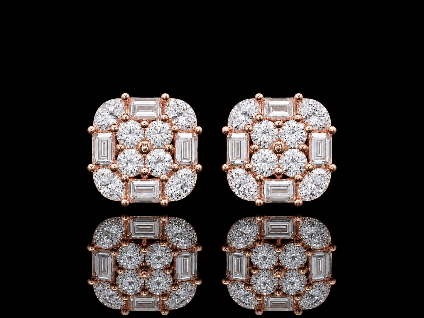 BOUCLES D'OREILLES EN OR ROSE 14K AVEC DIAMANTS RONDS, BAGUETTES ET MARQUISE