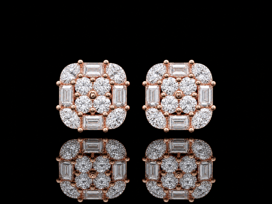 14K ROSE GOLD ROUND, BAGUETTES & MARQUISE DIAMOND EARRINGS