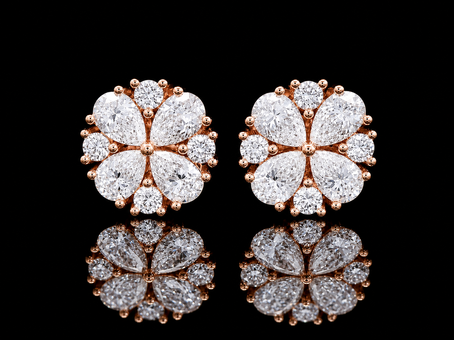 14K ROSE GOLD PEAR SHAPE & ROUND VVS F+ DIAMOND EARRINGS