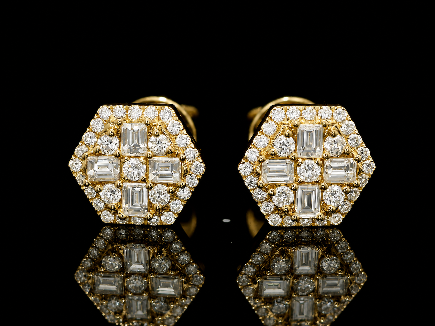 14K YELLOW GOLD BAGUETTE & ROUND VVS F+ DIAMOND EARRINGS