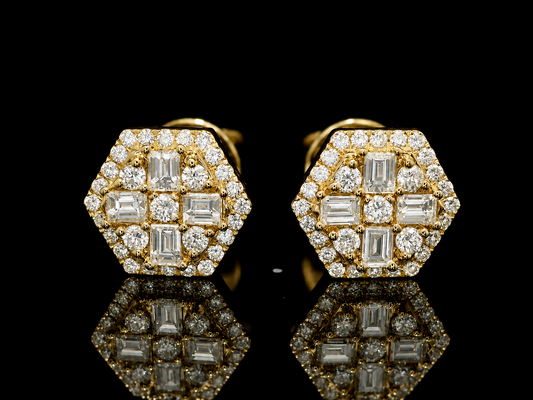 14K YELLOW GOLD BAGUETTE & ROUND VVS F+ DIAMOND EARRINGS