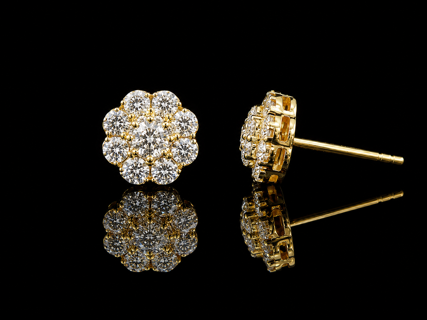 14K Yellow Gold Round Cluster Diamond Stud Earrings – 0.50 ct Natural Diamonds – 8.5mm