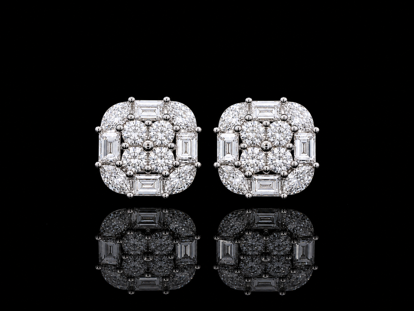 PENDIENTES DE ORO BLANCO DE 14 K CON DIAMANTES REDONDOS, BAGUETTES Y MARQUESA