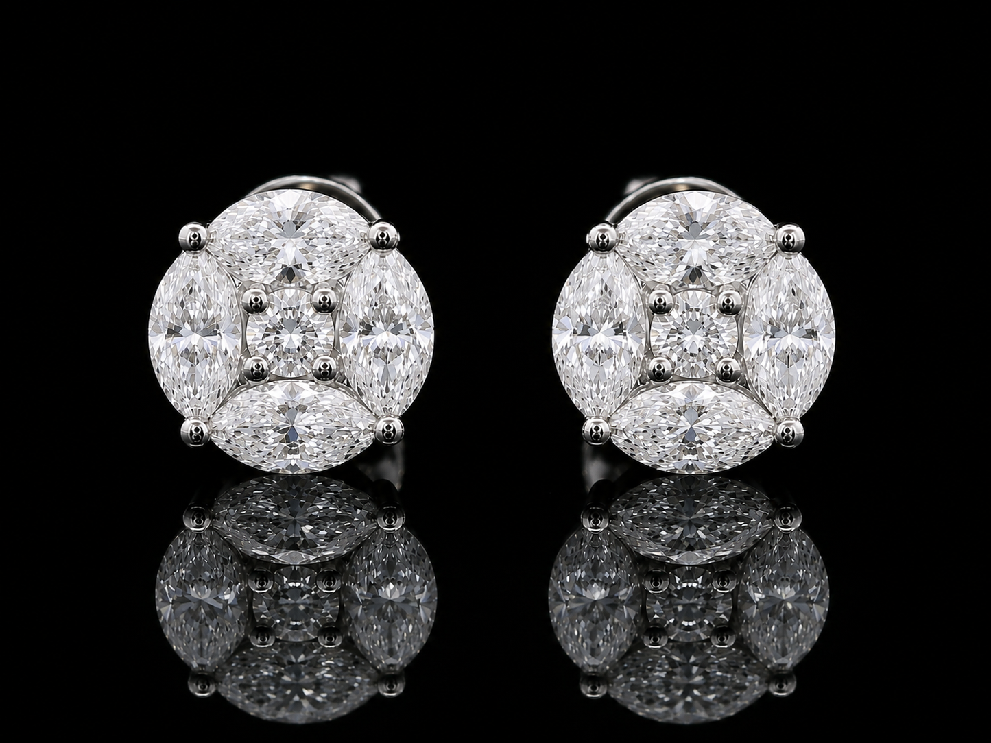 BOUCLES D'OREILLES EN OR BLANC 14K MARQUISE ET RONDES VVS F+ DIAMANT