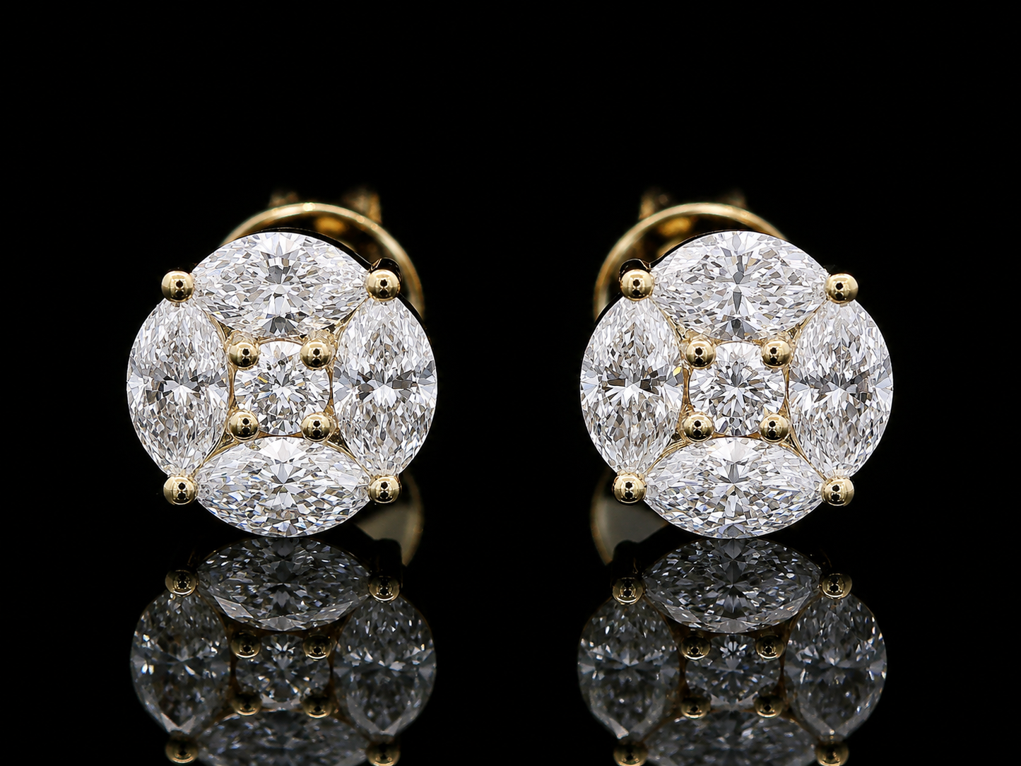 14K YELLOW GOLD MARQUISE & ROUND VVS F+ DIAMOND EARRINGS