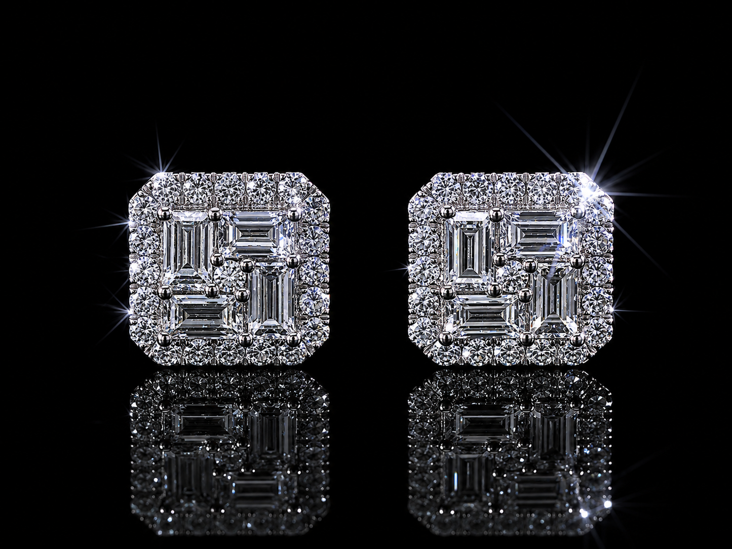14K WHITE GOLD BAGUETTE & ROUND VVS F+ DIAMOND EARRINGS