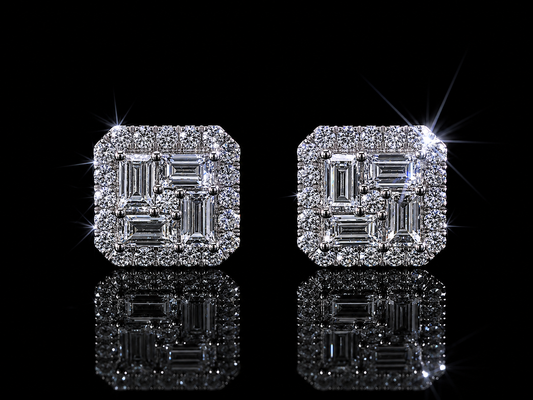 14K WHITE GOLD BAGUETTE & ROUND VVS F+ DIAMOND EARRINGS