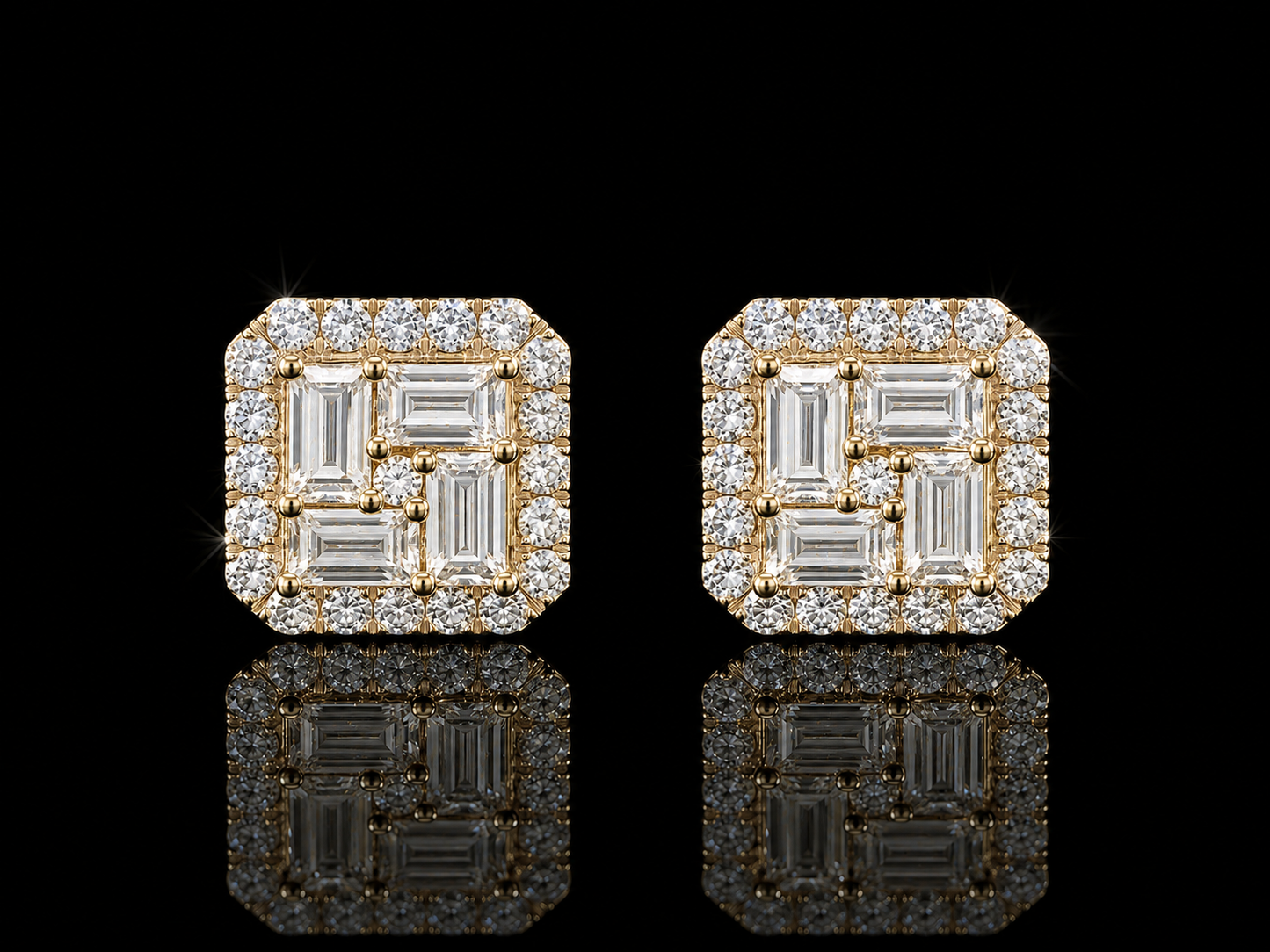14K YELLOW GOLD BAGUETTE & ROUND VVS F+ DIAMOND EARRINGS