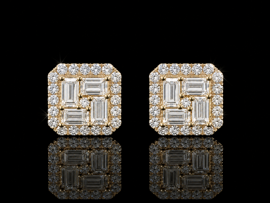 14K YELLOW GOLD BAGUETTE & ROUND VVS F+ DIAMOND EARRINGS