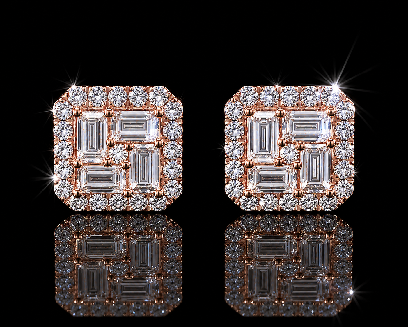 14K ROSE GOLD BAGUETTE AND ROUND VVS F+ DIAMOND EARRINGS