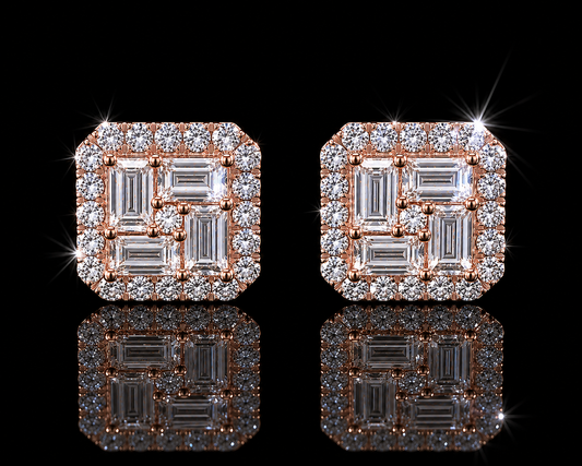 14K ROSE GOLD BAGUETTE AND ROUND VVS F+ DIAMOND EARRINGS