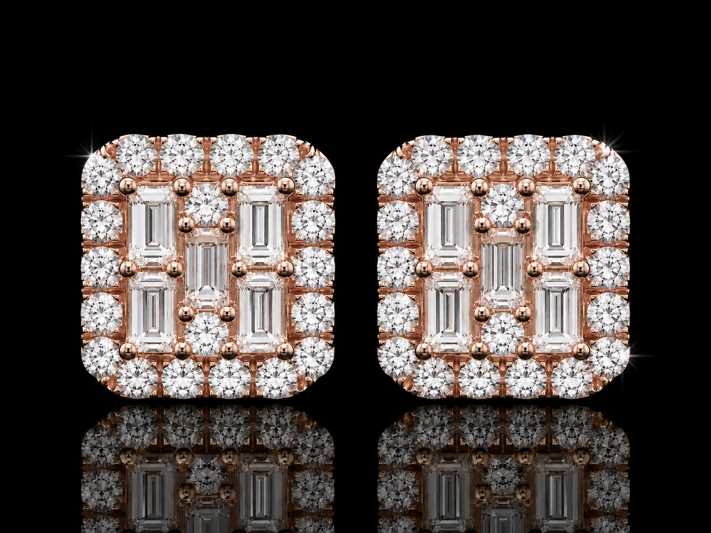14K ROSE GOLD BAGUETTE & ROUND VVS F+ DIAMOND EARRINGS