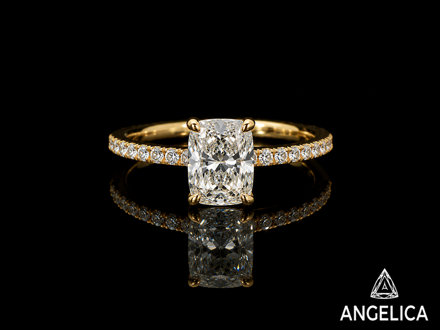 18K Gold Elongated Cushion Lab Diamond Engagement Ring – 1.10 ct Total – IGI Certified