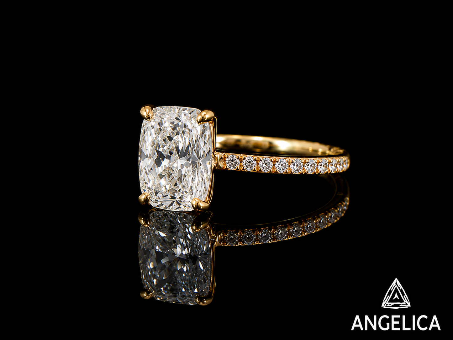 18K Gold Elongated Cushion Lab Diamond Engagement Ring – 1.10 ct Total – IGI Certified