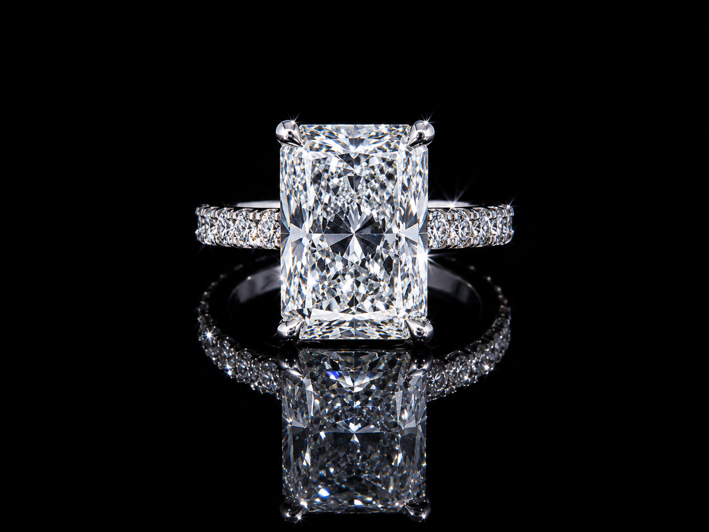 14K White Gold Radiant Cut Lab Diamond Engagement Ring – 5.00 ct Total – IGI Certified
