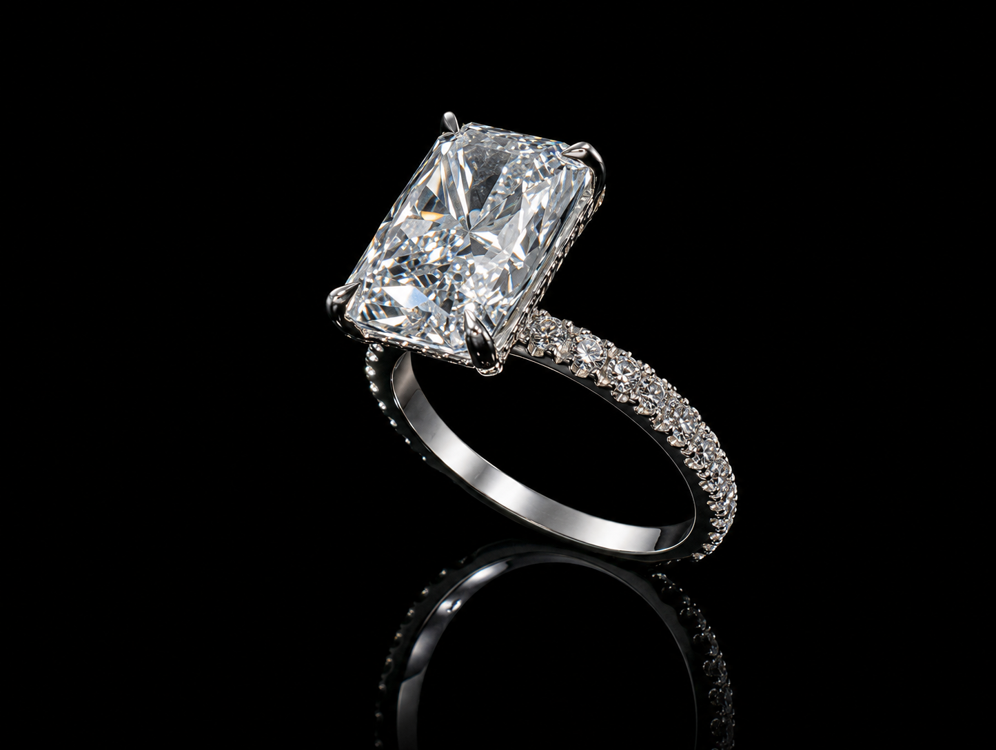 14K White Gold Radiant Cut Lab Diamond Engagement Ring – 5.00 ct Total – IGI Certified