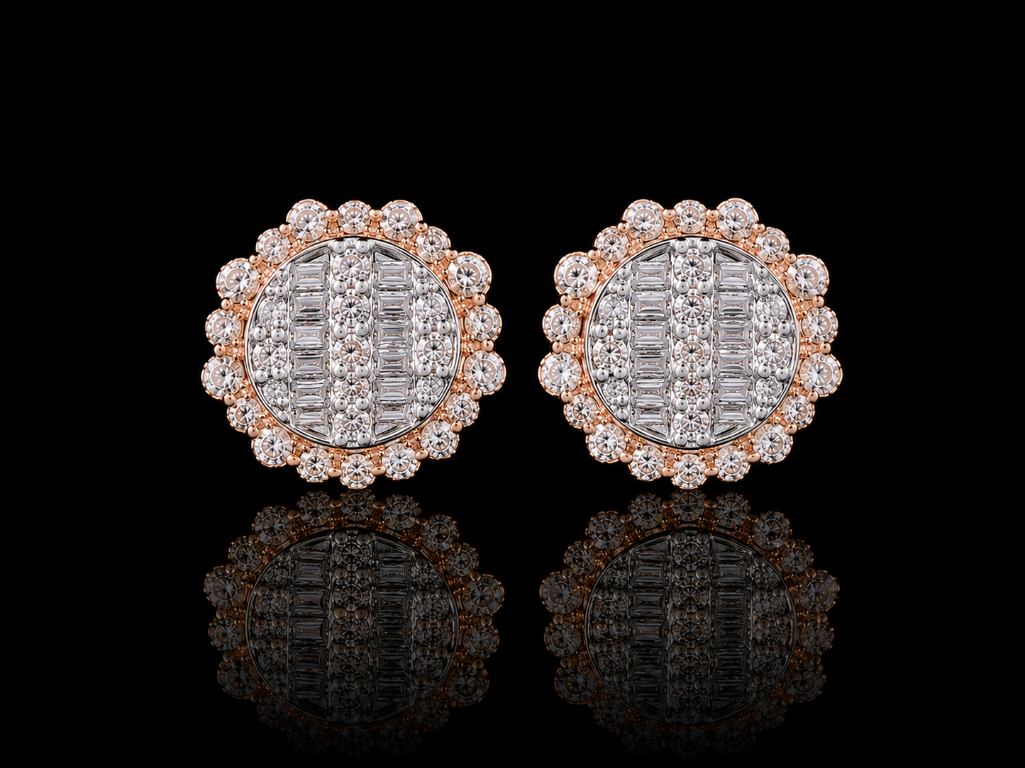 PENDIENTES DE ORO ROSA DE 10 K CON DIAMANTES REDONDOS Y DE TAMAÑO BAGUETTE DE 11 MM