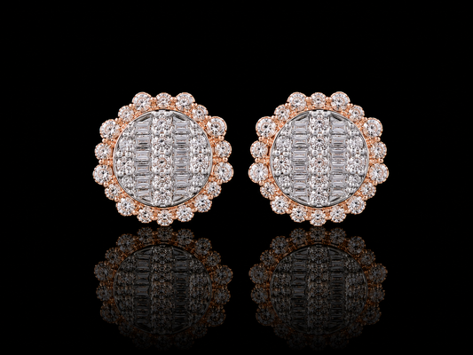 10K ROSE GOLD 11 MM ROUND & BAGUETTE DIAMOND EARRINGS