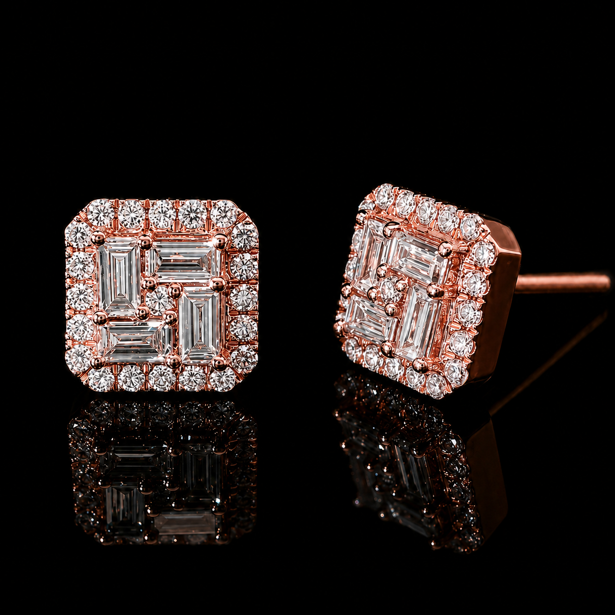 14K ROSE GOLD BAGUETTE AND ROUND VVS F+ DIAMOND EARRINGS
