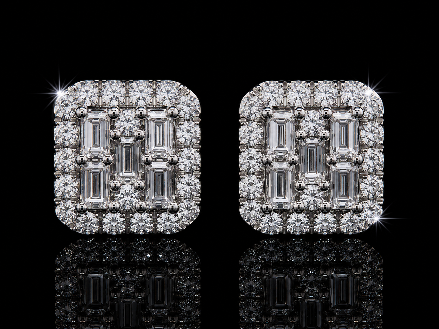 BOUCLES D'OREILLES BAGUETTE ET RONDES EN OR BLANC 14K AVEC DIAMANTS VVS F+ 
