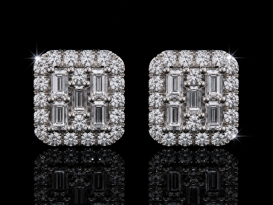 14K WHITE GOLD BAGUETTE & ROUND VVS F+ DIAMOND EARRINGS