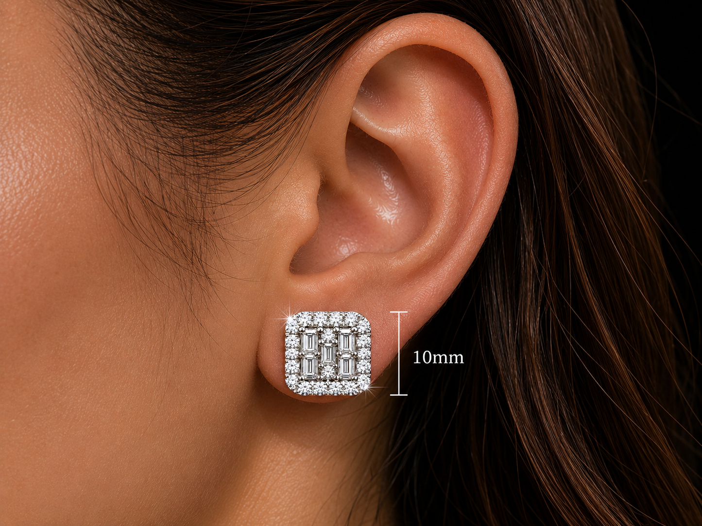 BOUCLES D'OREILLES BAGUETTE ET RONDES EN OR BLANC 14K AVEC DIAMANTS VVS F+ 