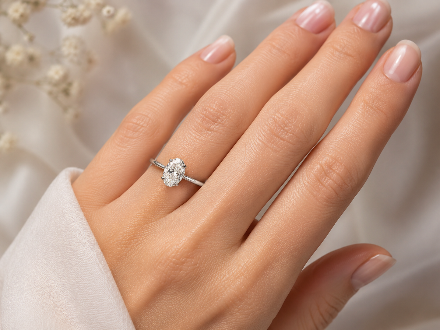 14K White Gold Oval Cut Lab Diamond Engagement Ring – 1.07 ct Total – IGI Certified