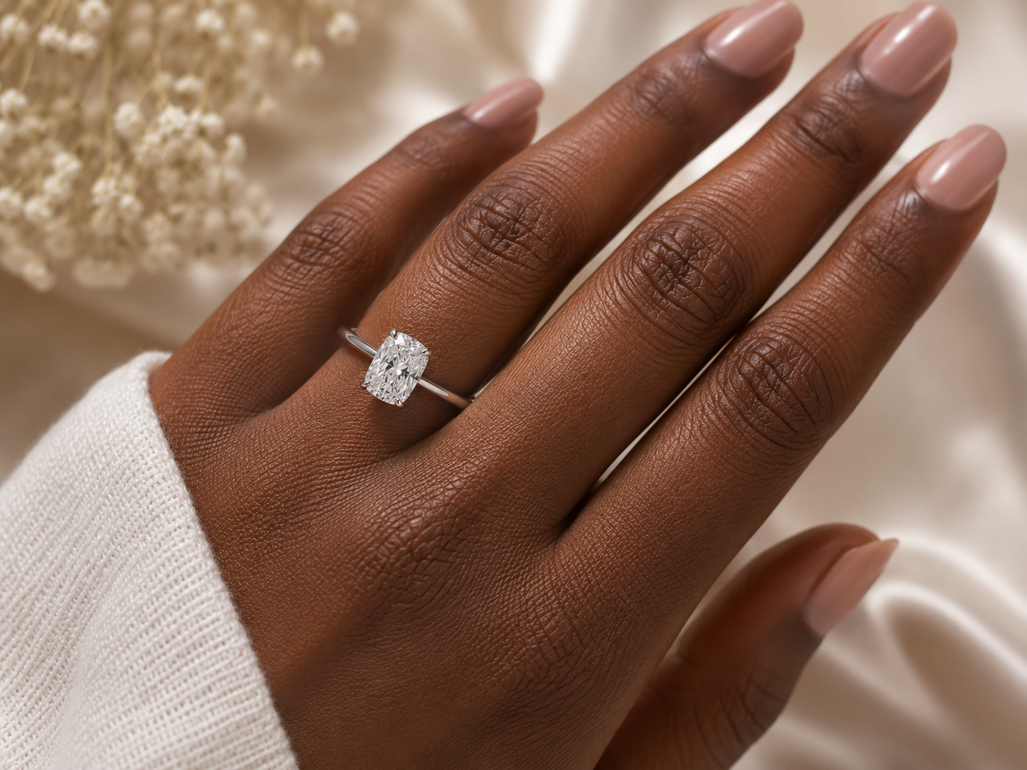 14K White Gold Elongated Cushion Lab Diamond Engagement Ring – 1.10 ct Total – IGI Certified