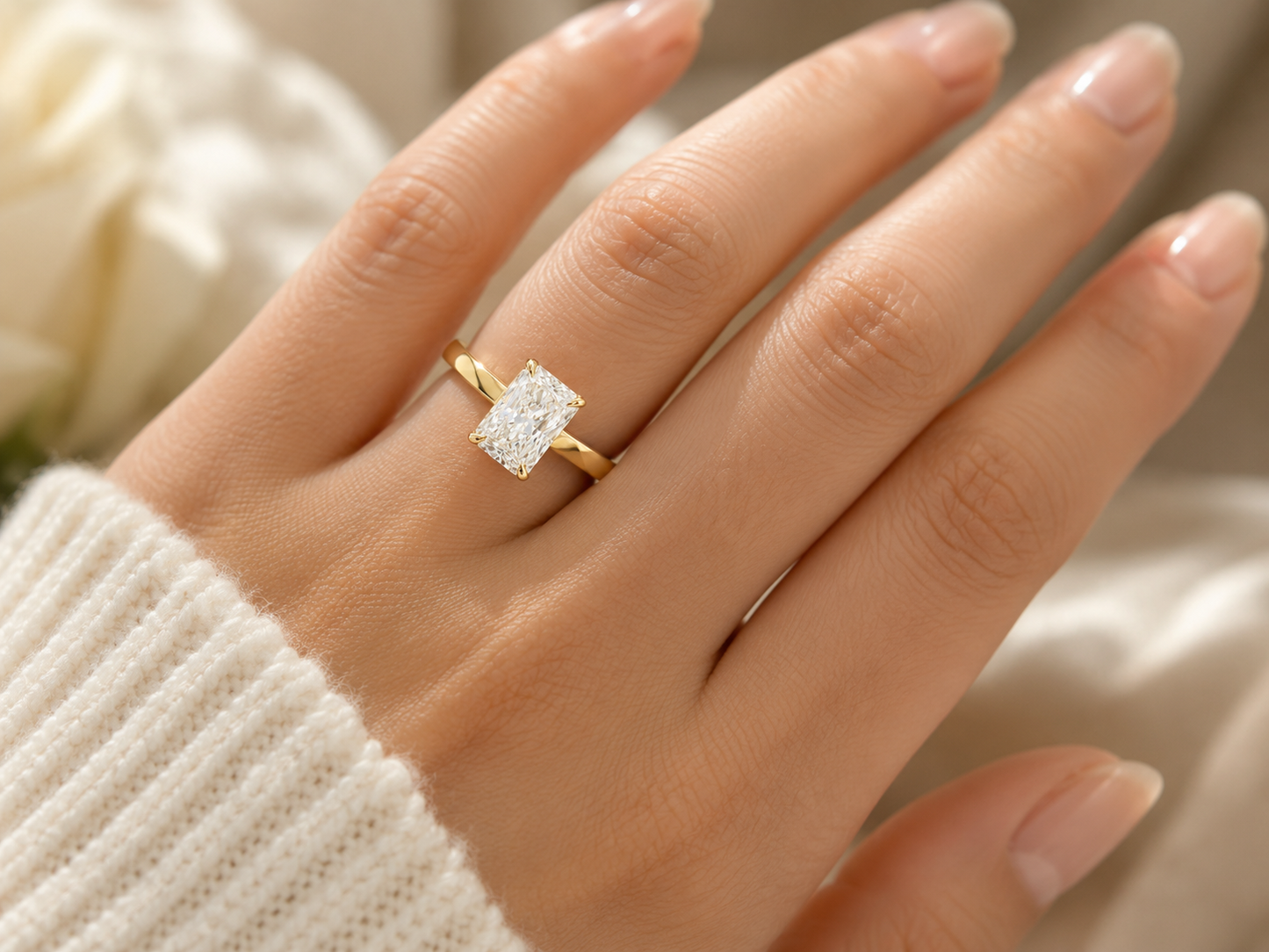 18K Yellow Gold Radiant Cut Lab Diamond Engagement Ring – 1.58 ct Total – IGI Certified