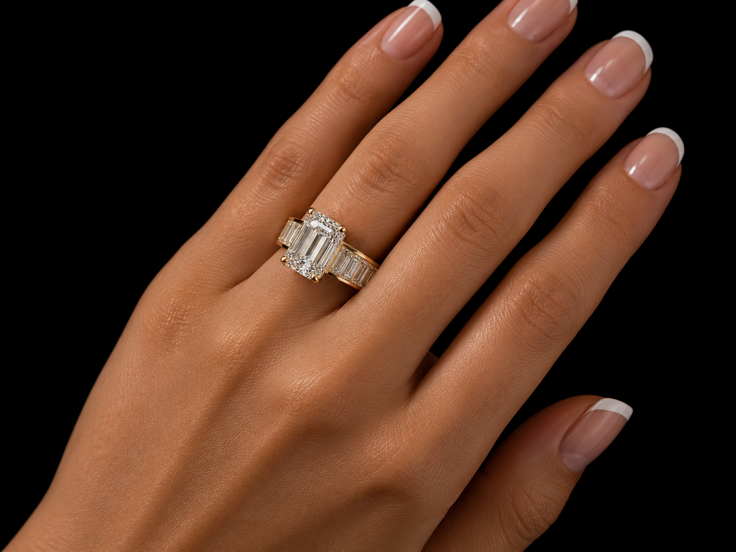 18K Yellow Gold Emerald Cut Lab Diamond Engagement Ring – 7.35 ct Total – IGI Certified