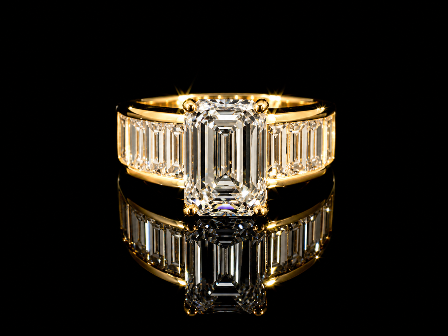 18K Yellow Gold Emerald Cut Lab Diamond Engagement Ring – 7.35 ct Total – IGI Certified