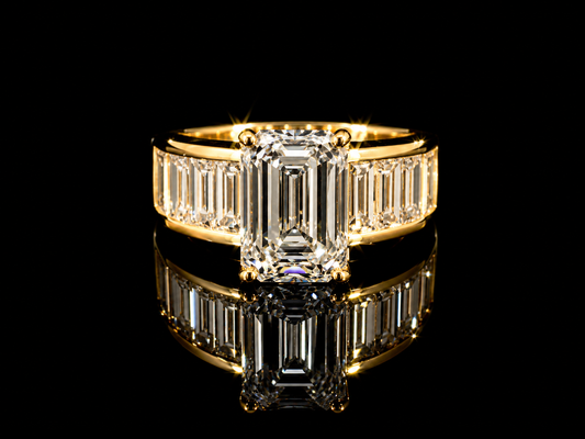 18K Yellow Gold Emerald Cut Lab Diamond Engagement Ring – 7.35 ct Total – IGI Certified