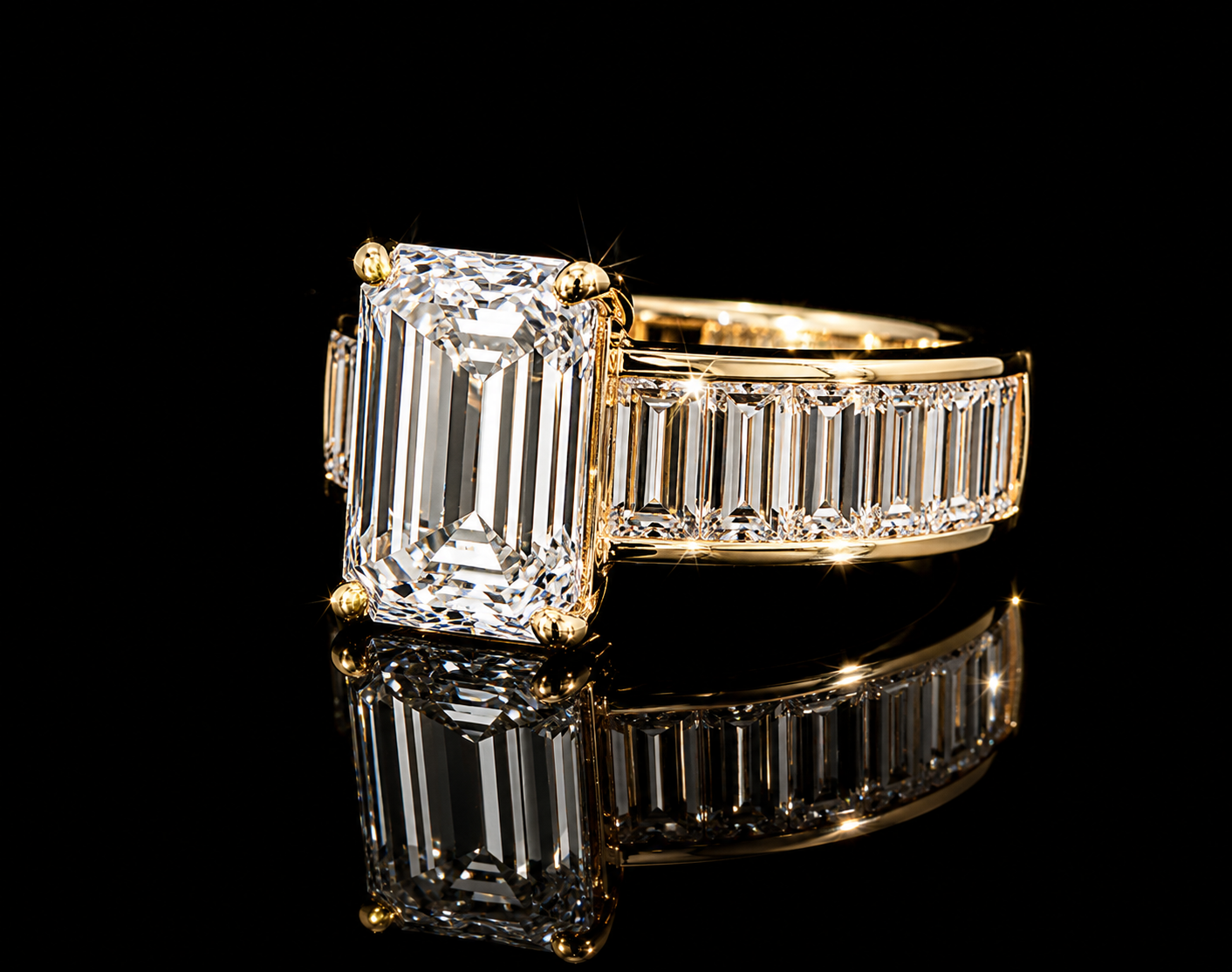 18K Yellow Gold Emerald Cut Lab Diamond Engagement Ring – 7.35 ct Total – IGI Certified