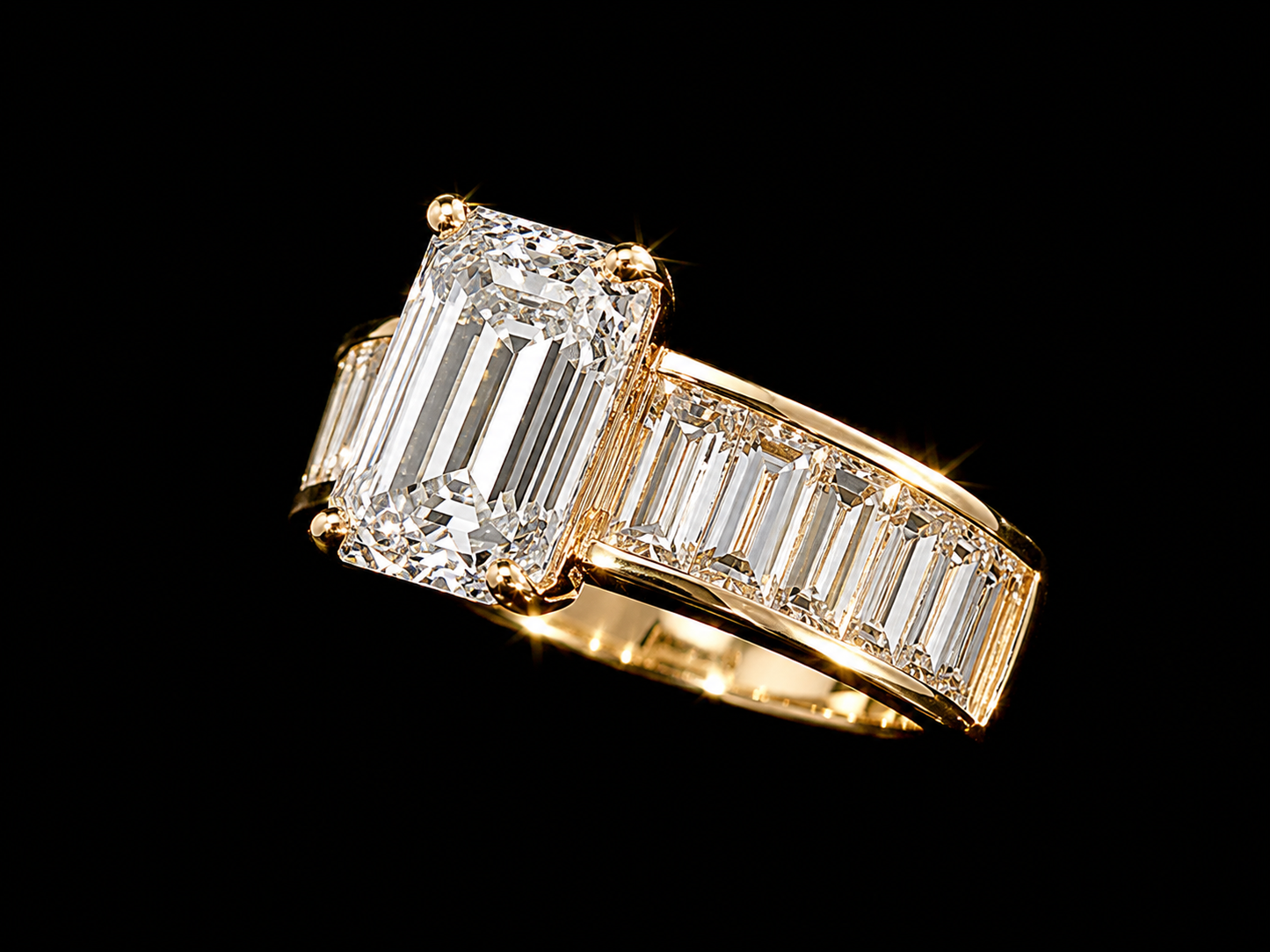 18K Yellow Gold Emerald Cut Lab Diamond Engagement Ring – 7.35 ct Total – IGI Certified