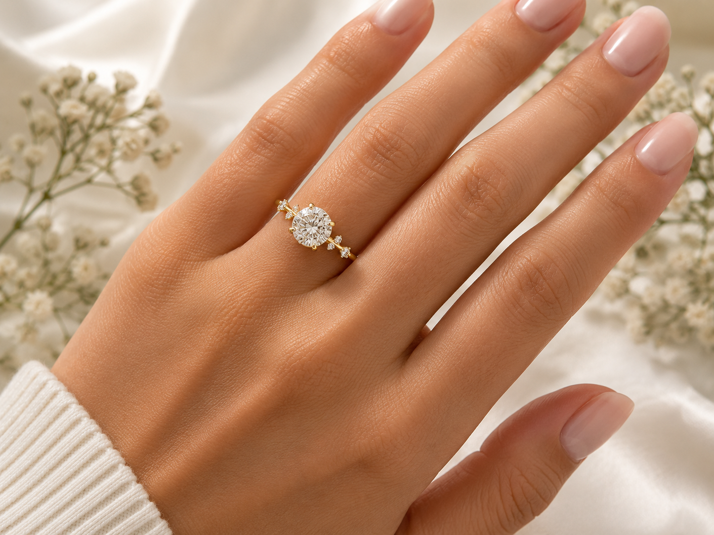 18K Yellow Gold Lab Round Cut Diamond Engagement Ring – 1.95 ct Total – IGI Certified
