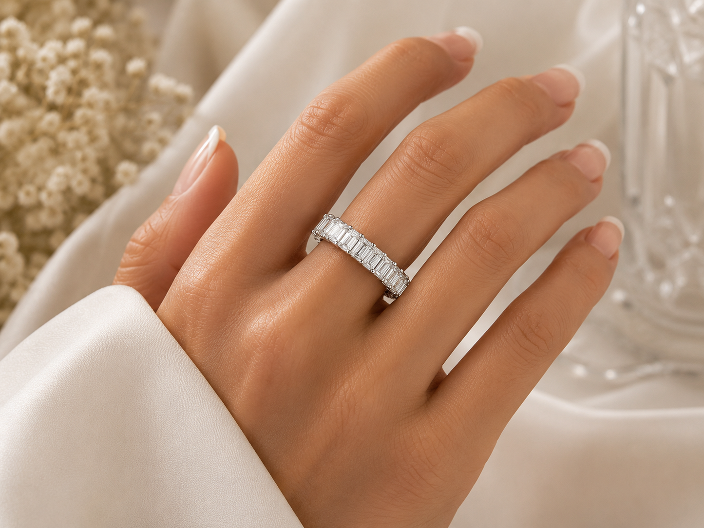 14K White Gold Emerald Cut Lab Diamond Full Eternity Band – 7.00 ct – VVS-VS F+