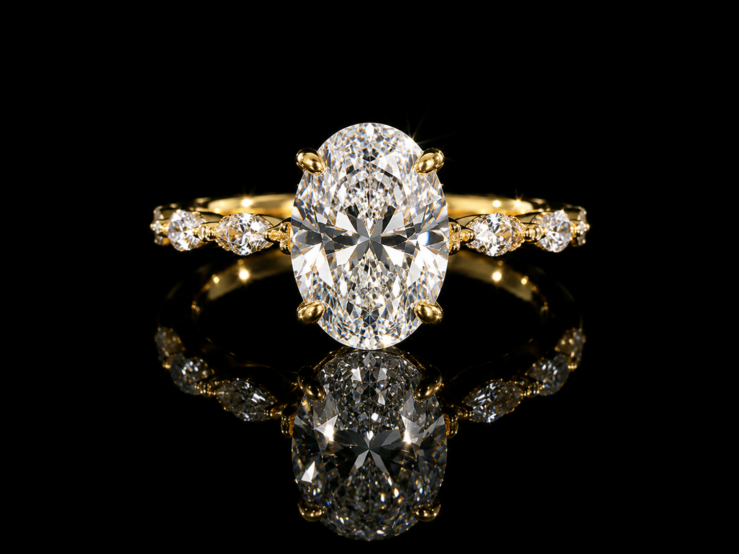 18K Yellow Gold Oval Cut Lab Diamond Engagement Ring – 3.90 ct Total – IGI Certified