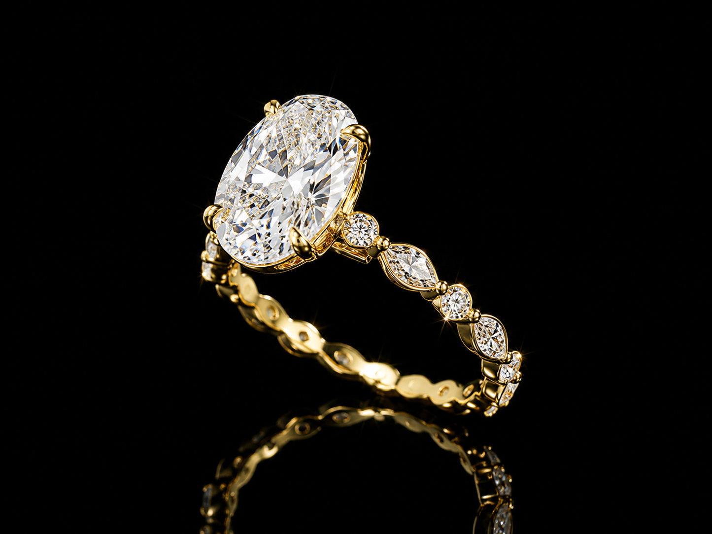 18K Yellow Gold Oval Cut Lab Diamond Engagement Ring – 3.90 ct Total – IGI Certified