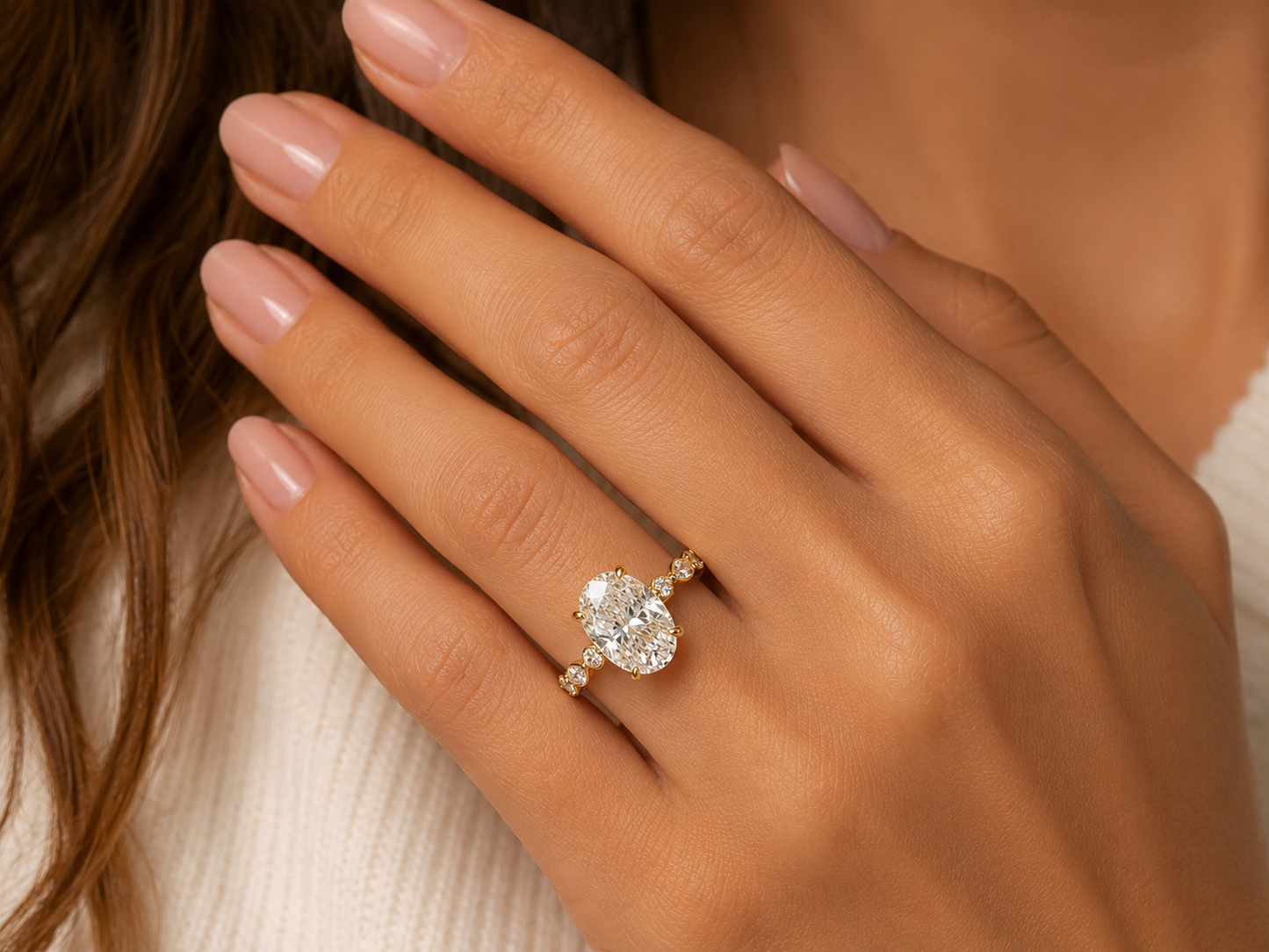 18K Yellow Gold Oval Cut Lab Diamond Engagement Ring – 3.90 ct Total – IGI Certified